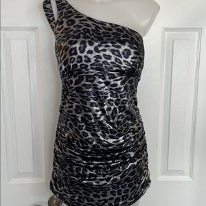 WILDCAT ONE-SHOULDER BLACK & SILVER METALLIC LEOPARD PRINT MINI DRESS TOP SZ XL